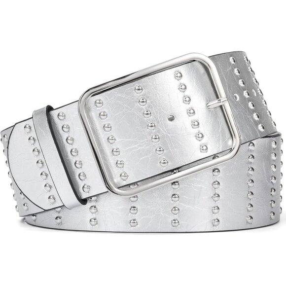 Women\'s Chunky Dress Thick Wide Studded Belts Silver Silver Buckle PU Leather